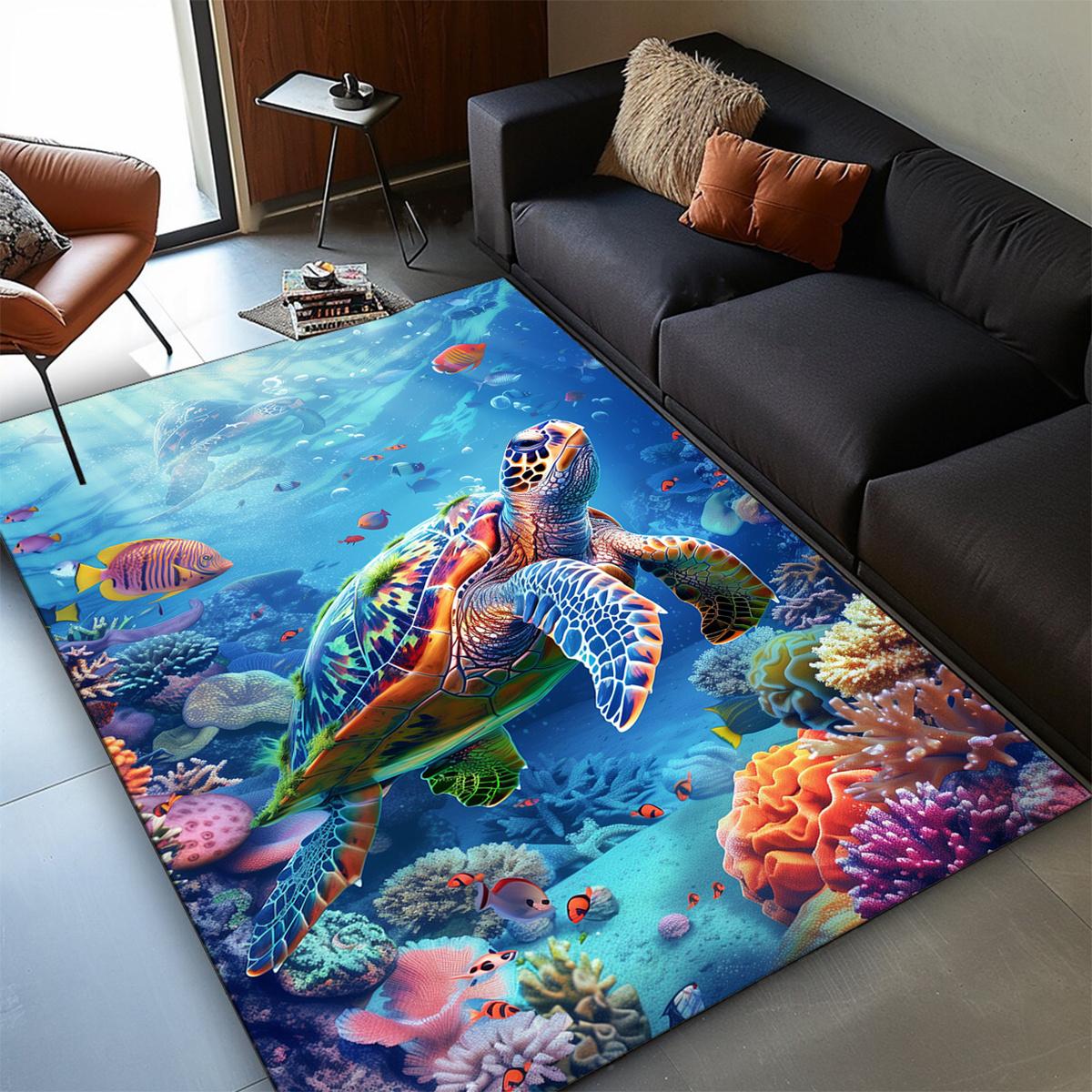 

Vibrant Sea Turtle Printed Non-Slip Rug –, Soft Polyester Floor Mat for Kitchen, Bathroom, Hallway, and Office – Colorful Coral 50x80cm