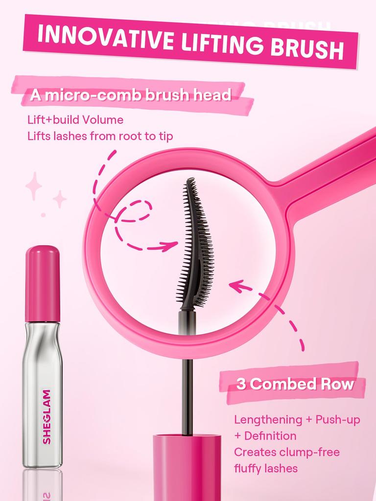 SHEGLAM Lash Writer Up & Out Mascara - Volume & Length, Feather Comb Brush, Waterproof, Smudge-Resistant, Peptide Formula, Cruelty-Free