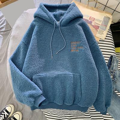 Women Hoodie Drawstring Elastic Cuff Thick Fleece Patch Pocket Loose Long Sleeves Pullover Warm
