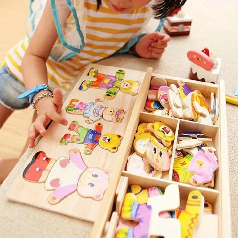 Change Clothes Children's Early Education Wooden Jigsaw Puzzle Dressing Game Children Puzzle Toys for Children Gift Little Bear