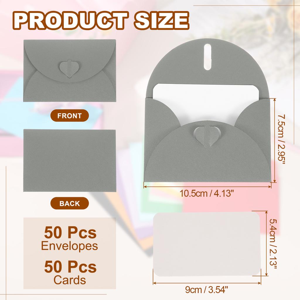 50Set Mini Heart Clasp Envelopes with Blank Note Cards for Gift Wedding Invitation Graduation Holiday Thanksgiving Day Christmas
