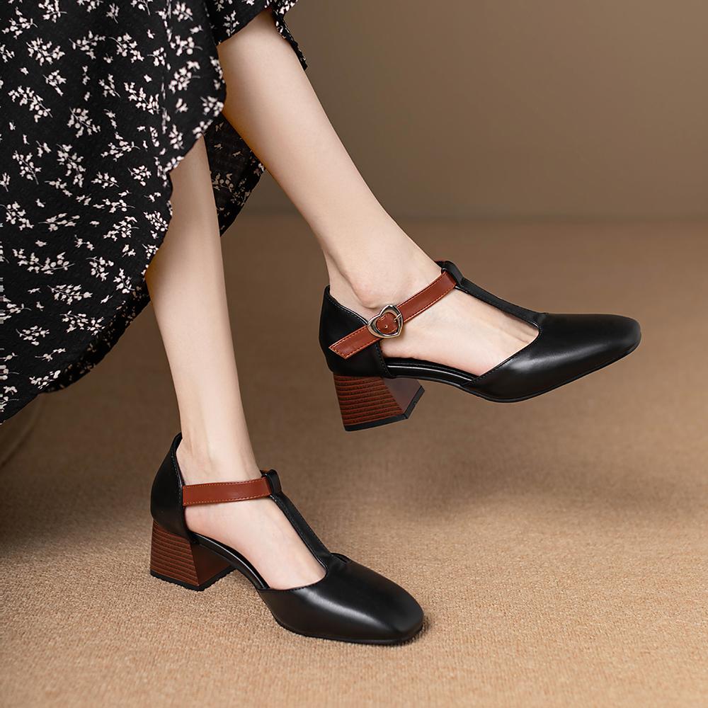 Mature Women Sandals Square Toe High Chunky Heels Shoes Ankle Strap Large Plus Size 47