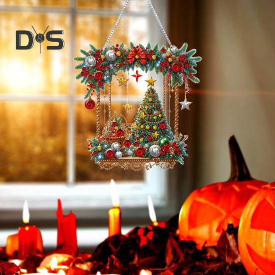 Christmas Rhinestone Pendant Hanging Santa Snowman Tree Ornament DIY Double Sided Rhinestone Art for Wall Door Window Fireplace Decor