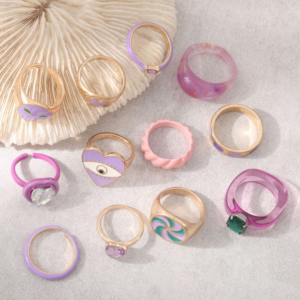 Ring, Personalized Candy Color, Colorful Oil Drip Diamond 12-Piece Set, Ring Jewelry.