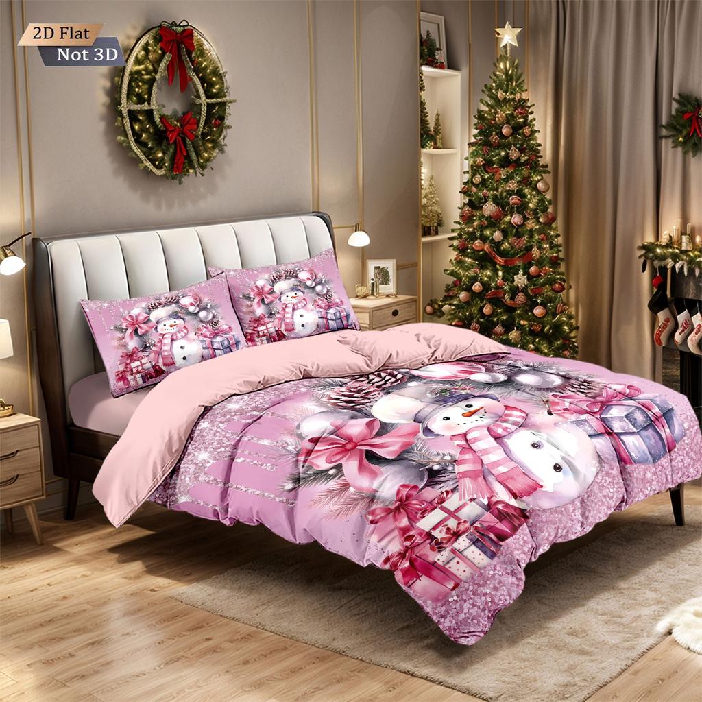 3Pcs Cute Cartoon Snowman Printed Coreless Down Duvet Cover Set Multi Size Bedroom Bedding Holiday Decoration Machine Washable
