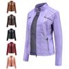 Giacca in pelle casual da donna primavera autunno con collo alto, vestibilità aderente, tinta unita, giacca in pelle da donna