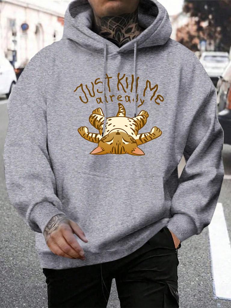 Bring mich einfach um schon Cartoon Katze Muster Herren Hoodie Harajuku Herbst Streetwear Mehrfarbig Fleece Pullover Locker Kängurutasche Hoodies
