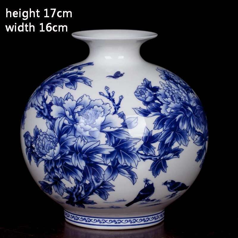 Jingdezhen Ceramic New Chinese Peony Flower Vase Blue And White Porcelain Ornaments Lliving Room Fine Bone China Vase Decoration