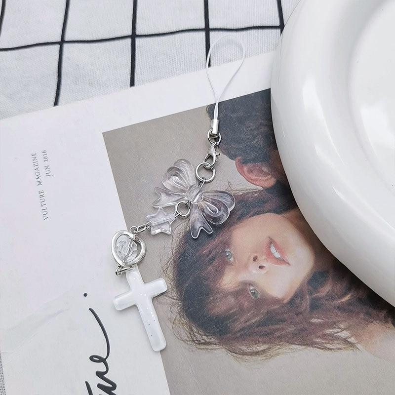 Sweet Cute Bow Keychain Beaded Phone Lanyard Strap Charms Cross-Pendant Phone Chain Anti-Lost For Women Girls Gift
