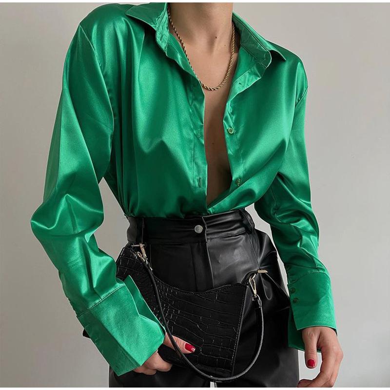 Damen 2023 Elegant Satin Einfarbig Langarm Blusen Damen Chic Vintage Blau Grün Lässig Locker Sitzend Knöpfe Hemden Oberteile