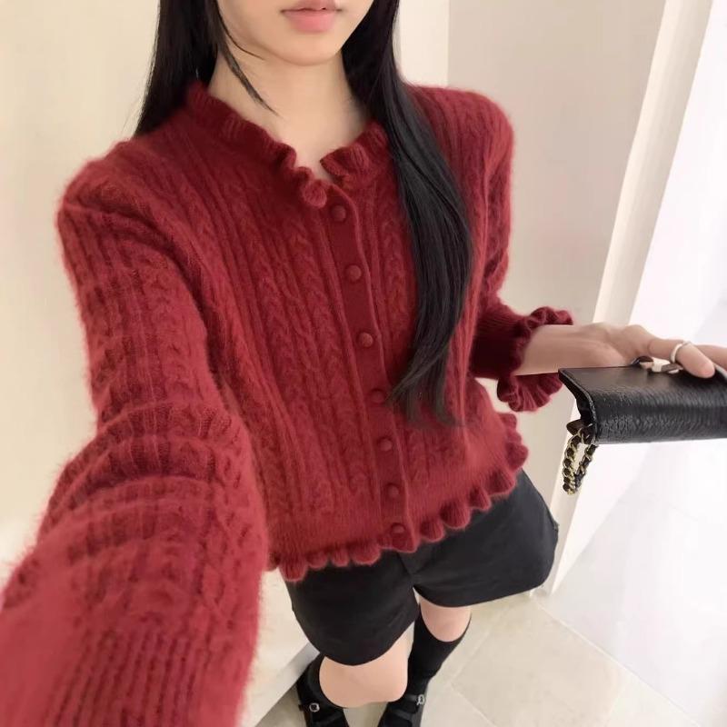 

Gentle Spring Style Solid Color Long-sleeved Fungus Soft Waxy Knitted Cardigan Twist Sweater for Women Onesize червоний