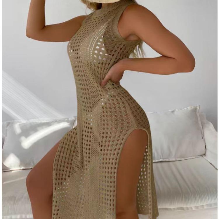 Sommerurlaub Sexy Einfarbig Rundhals Ärmellos Gestrickt Strand Sonnenschutz Überwurf Bequemes Kleid Leicht Elegant Schmeichelhaft Schickes Kleid