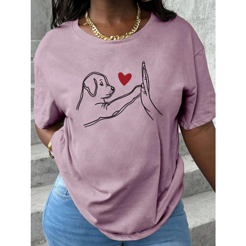 Women's Casual Round Neck Short Sleeve T-Shirt With Dog And Heart Print Pattern