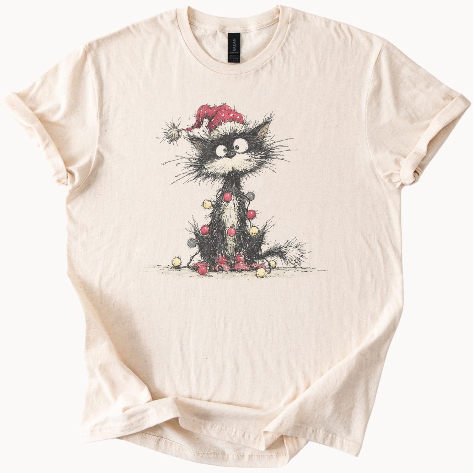 Christmas Cat Shirt Funny Messy Cat Graphic Tee Santa Hat Lights Graphic Cat Lovers Holiday TShirt Cute Fuzzy Cat Christmas Shirt 150