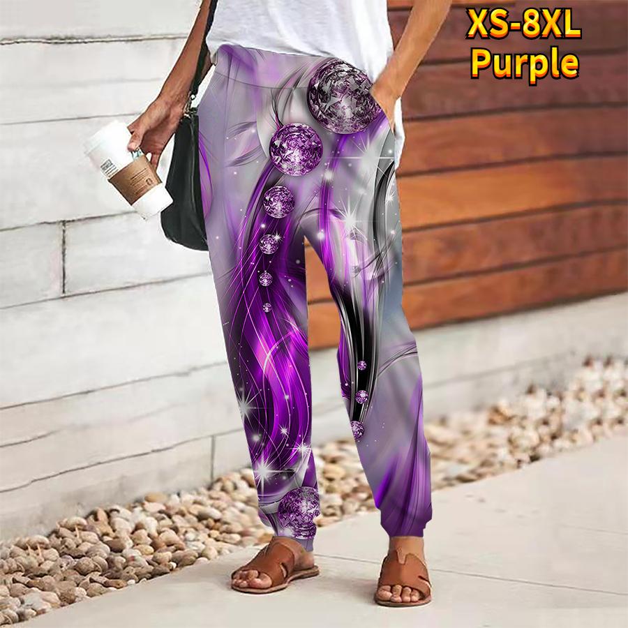 Women Diamond Printing Pants Lace Up Elastic Waist Loose  Trousers Casual Long Pants Trousers with Pockets