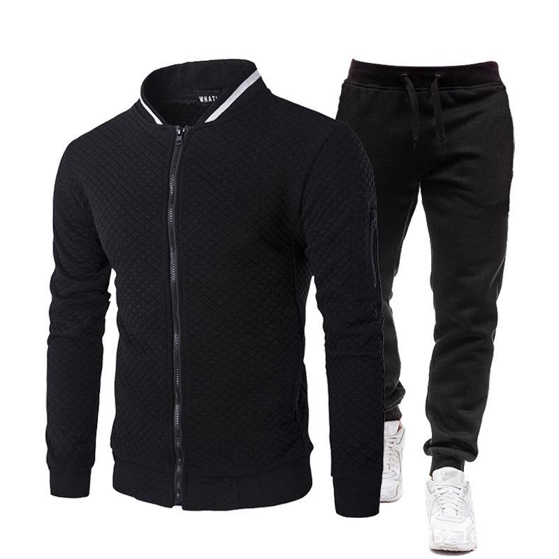 Men's Casual Plaid Stand-Up Collar Zipper Sweatshirt Jacket - Solid Color Set for Spring & Autumn