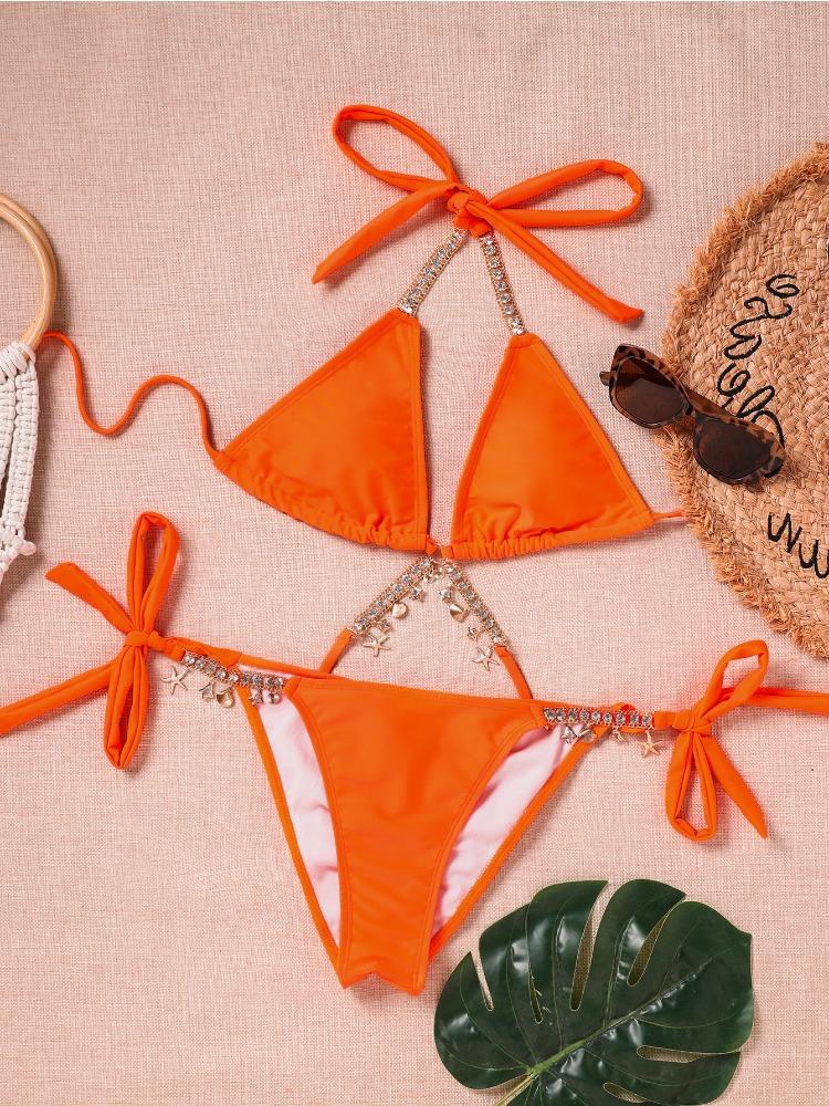 Cross Design Rhinestone Decor Bandage Bikini Multi Color Two Piece Swimsuit Trendy For Summer