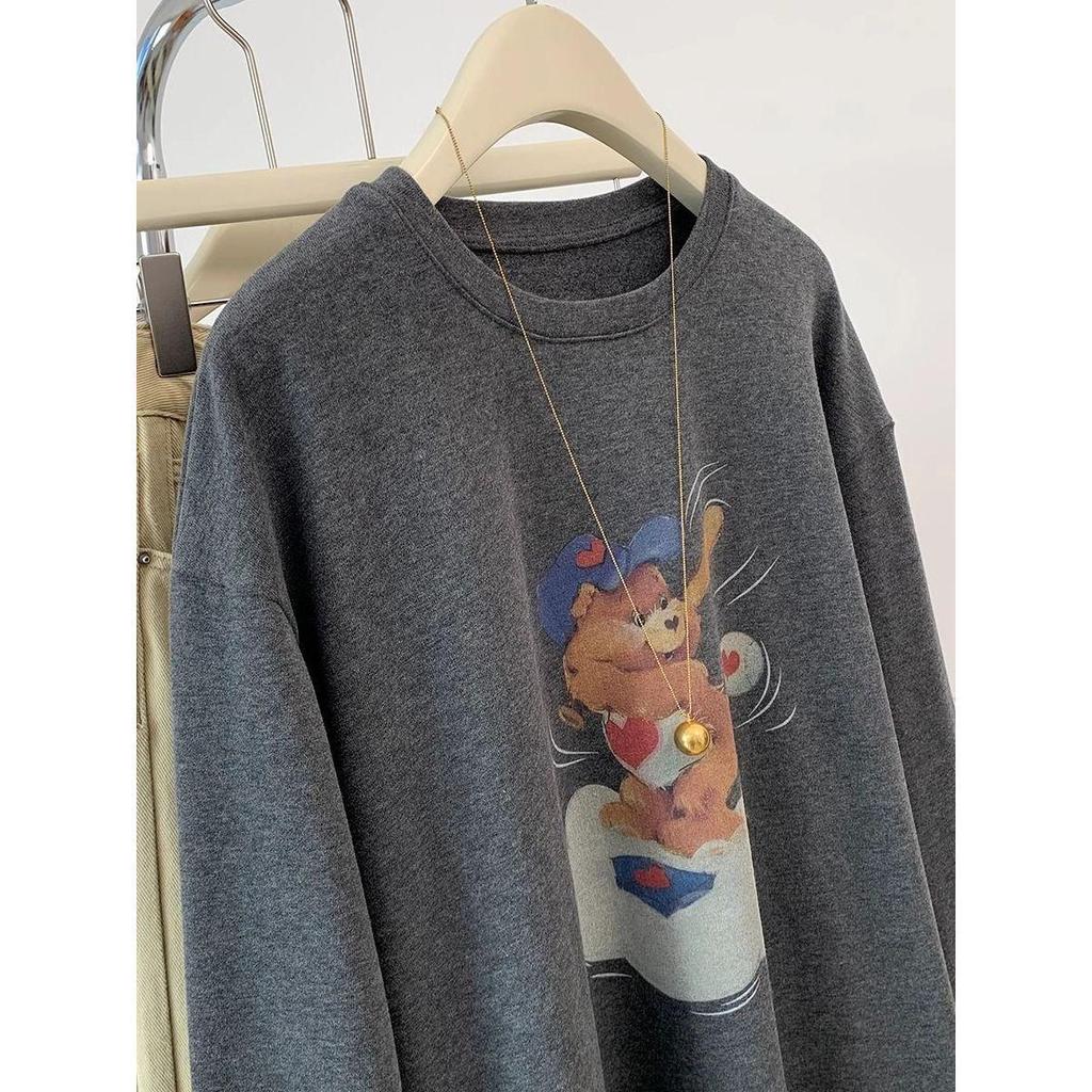 Cartoon Teddy Bear Brushed Lace Long Sleeve T-Shirt - Autumn Winter Slim Fit