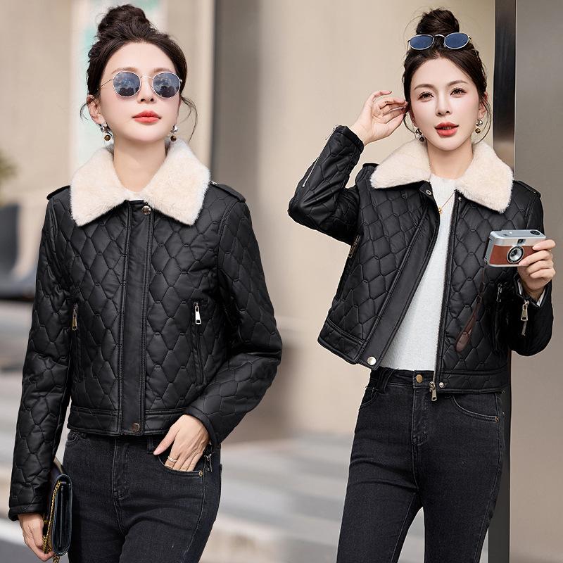 Popular fur collar fleece leather jacket women's short winter new small motorcycle jacket cotton coat