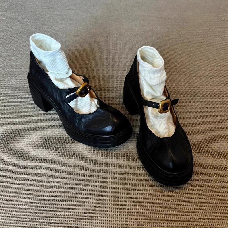 Cowhide version~ Mary Jane small leather shoes retro round head metal buckle thick sole shallow mouth commuting versatile thick heel single shoes
