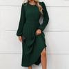 Neues Herbst-Kleid im eleganten Retro-Stil, Rundhals, Langarm, Unifarben, Plissiert