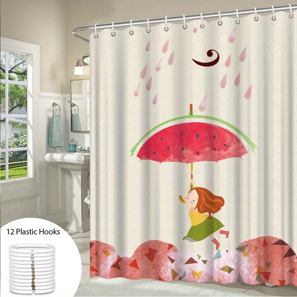 Whimsical Girl Dancing Under Watermelon Umbrella Shower Curtain - Playful Raindrop & Geometric Design