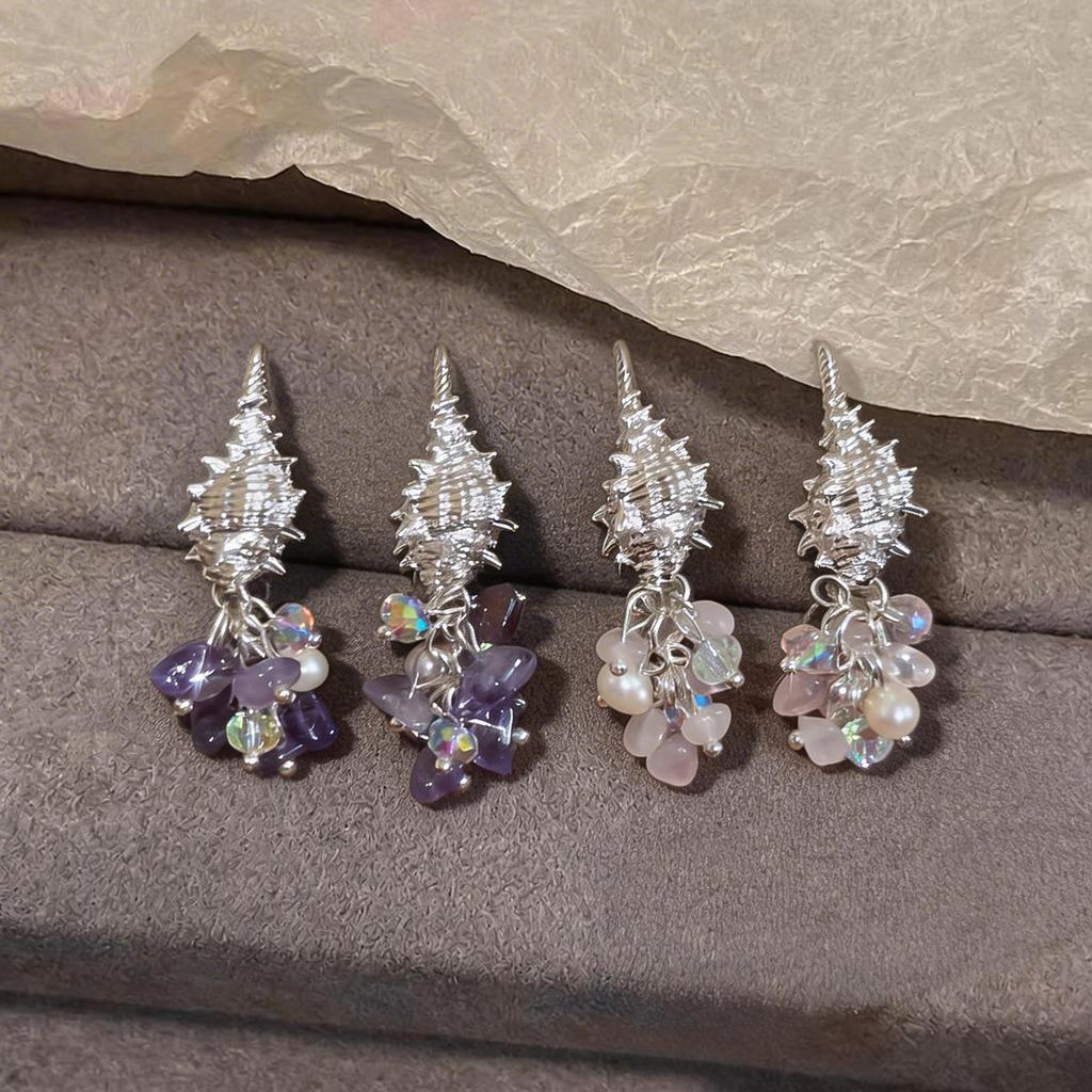 Silver Needle Conch Freshwater Pearl Amethyst Fringe Stud Earrings Seaside Vacation Style