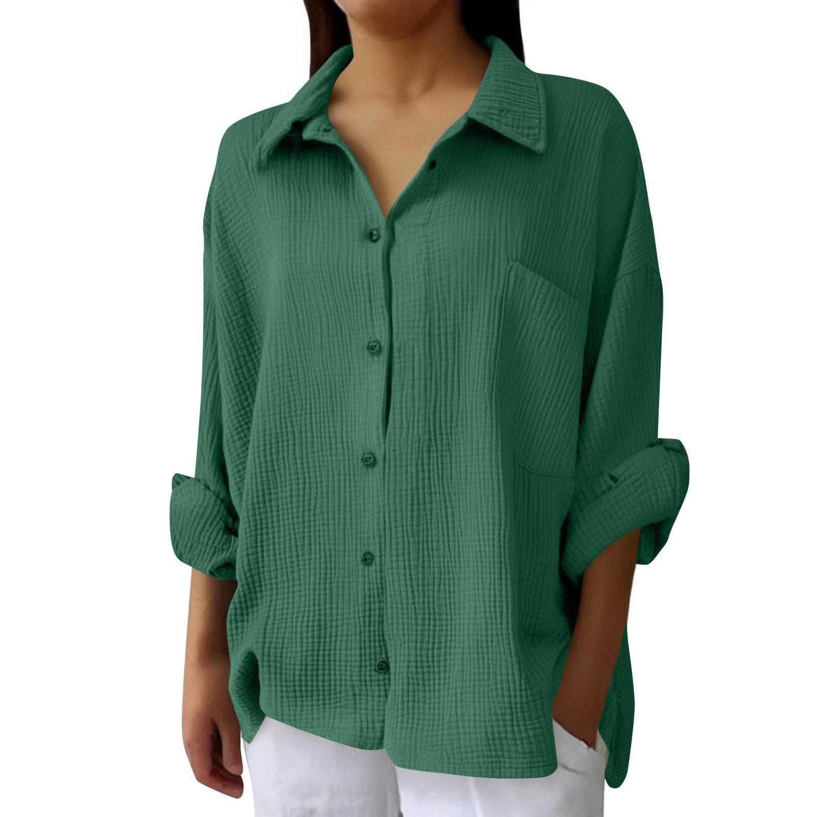

Women s Fashion Casual Color Split Button Long Sleeve Shirt Top XXL зелений
