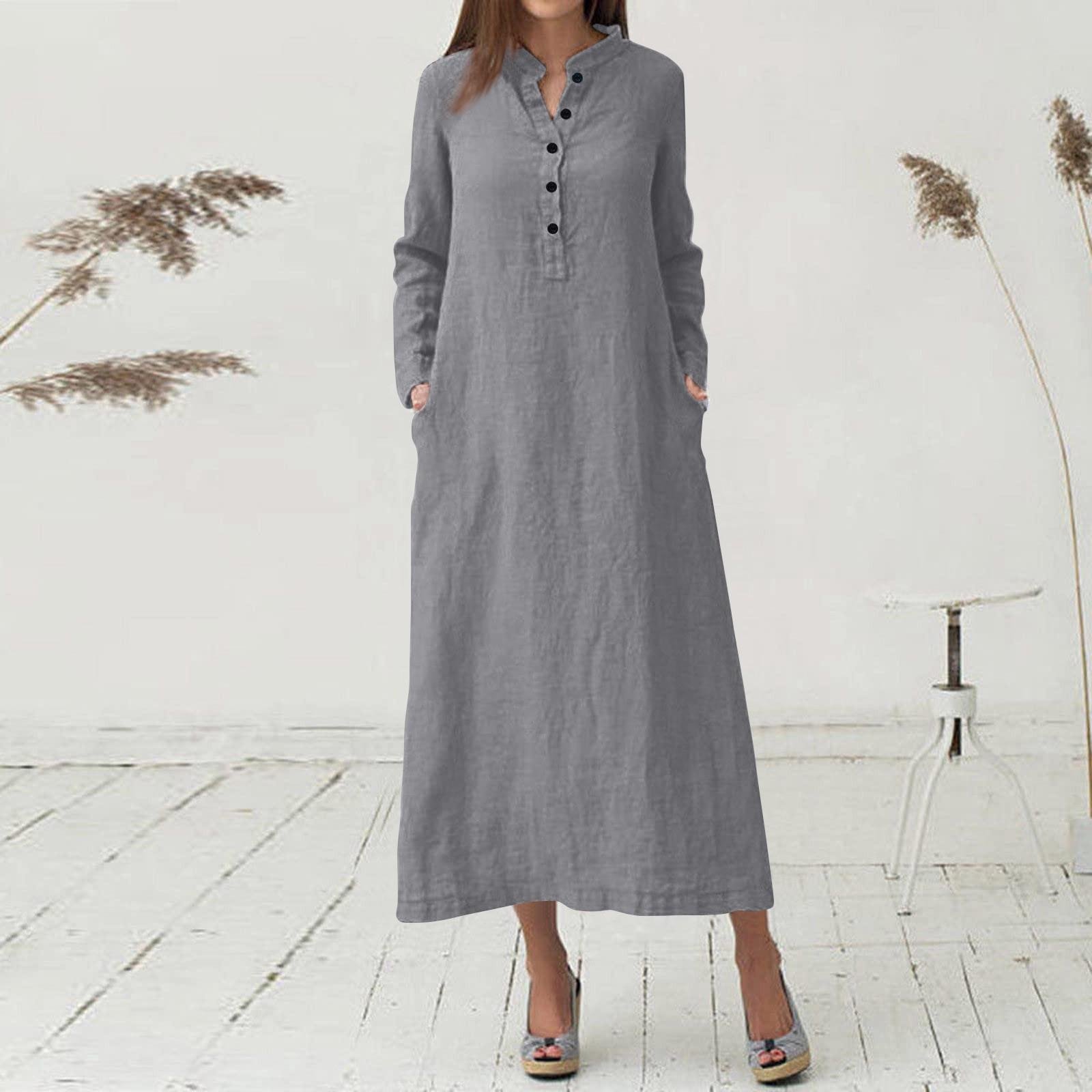 Женские однотонные повседневные макси-длинные платья-рубашки с длинными рукавами — фото 6