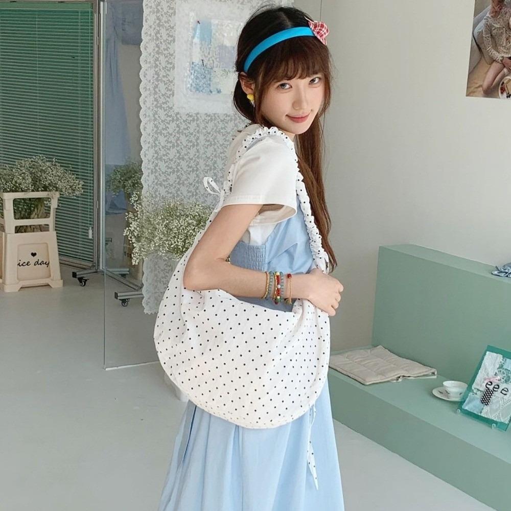 Drawstring Polka Dot Nylon Crossbody Bag Korean Style Canvas Dumpling Bag  Outdoor белый