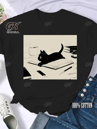 Coffee Books Brown Books American Retro Cotton T Shirt Woman Round Neck Half Sleeve T-shirts Printed Tops Woman Oversized Tees