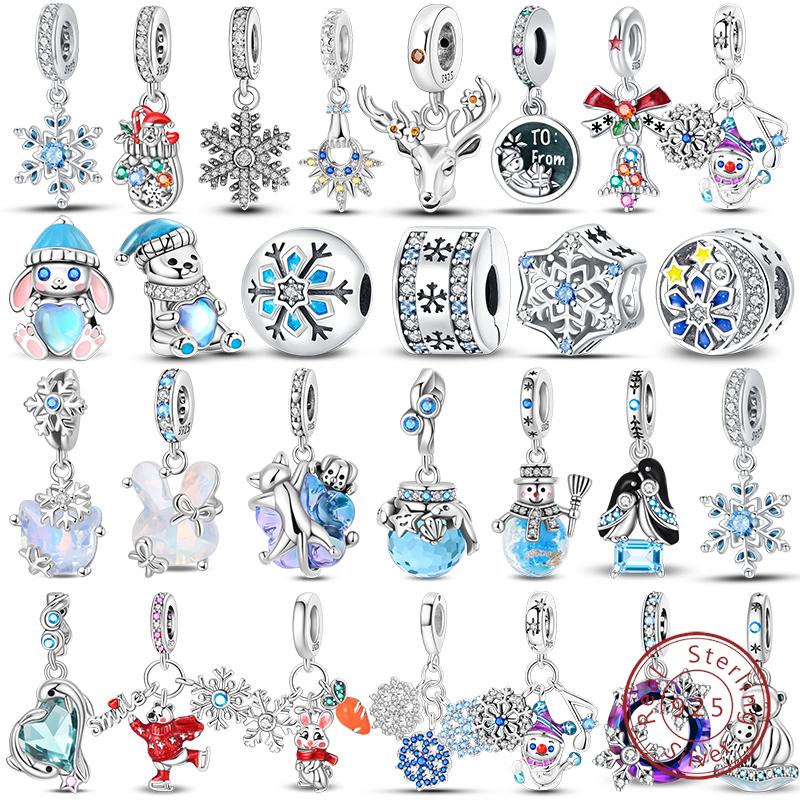 New Winter Charms Bead Copper Snowflake Snowman Penguin Deer Dangle Fit Bangle Bracelet Necklace Diy Jewelry