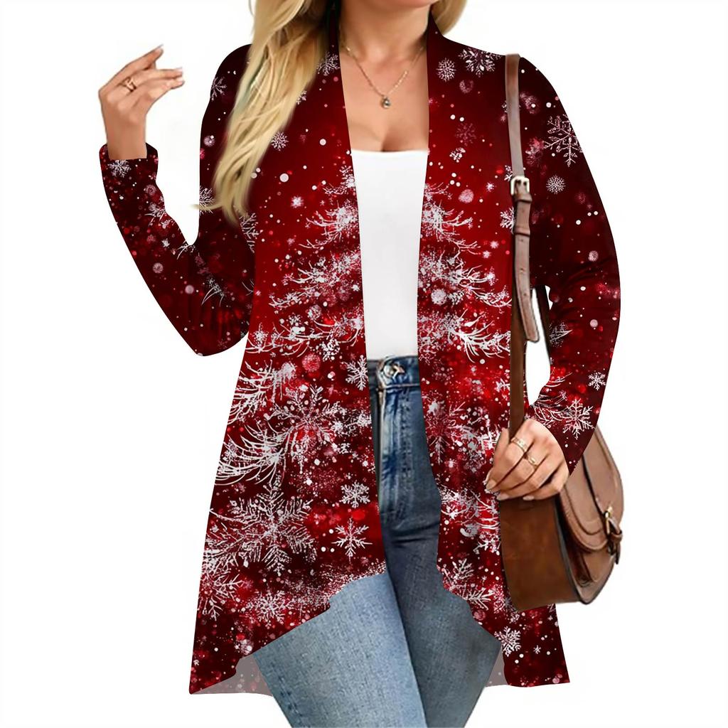 Women's Fall And Winter Fashion Casual Print Long Sleeve Mid-Length Cardigan Jacket