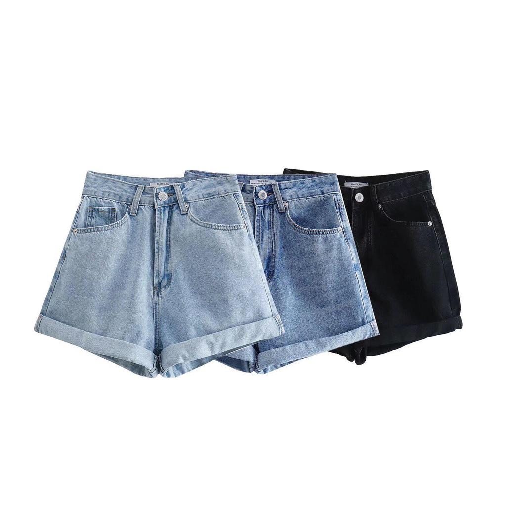 High-Waisted French Style Rolled Hem Denim Shorts