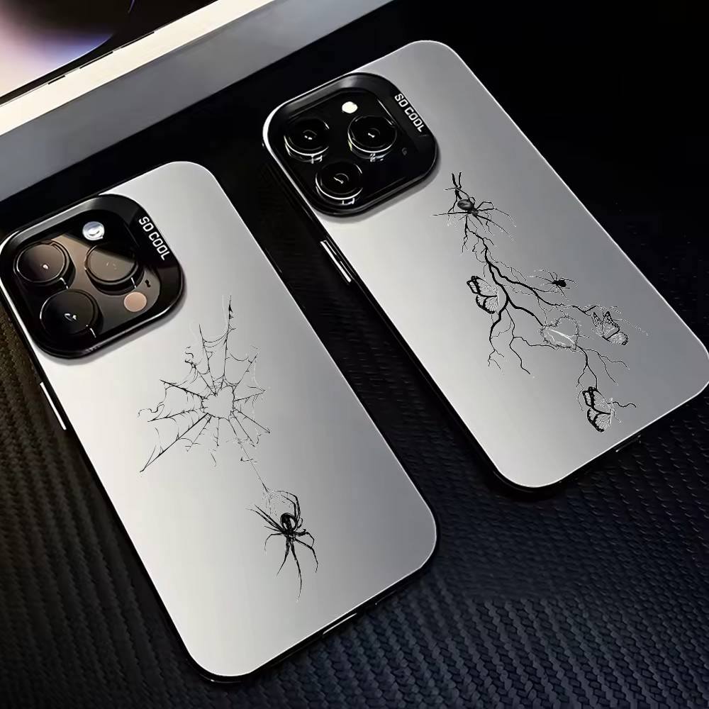 Gothic Spider Web Print Phone Case For iPhone17,16,15,14,13,12,11 Plus,Pro Max Black Border Silver Plated Cover