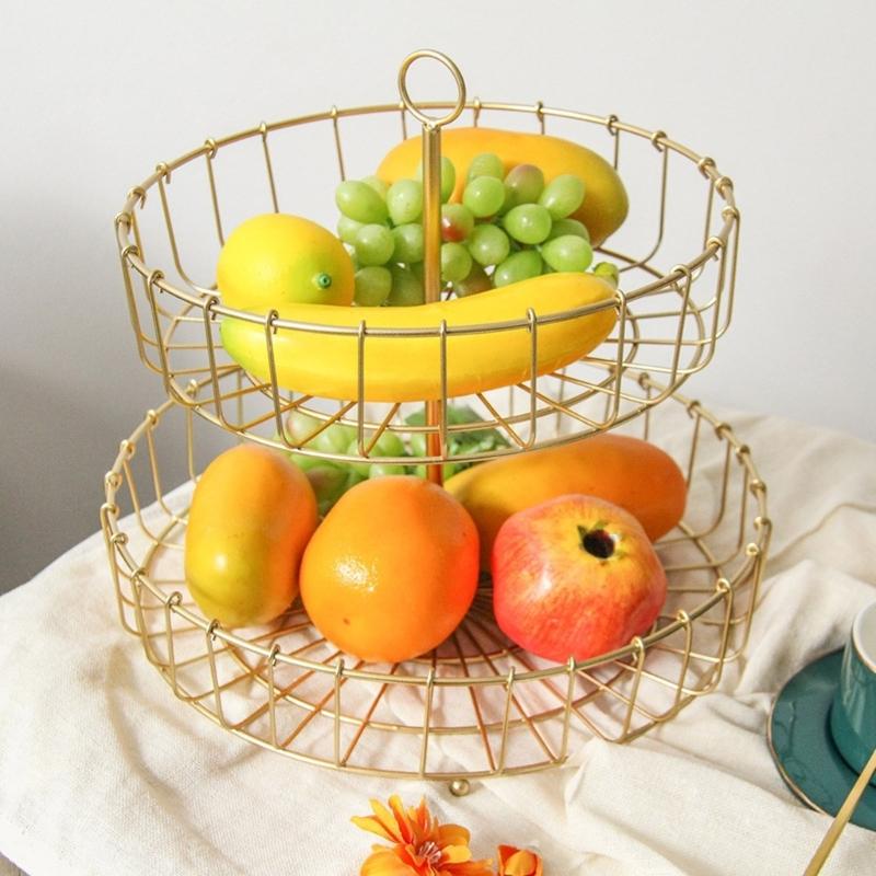 Nordics Wrought Iron Double Tiered Fruit Bowl For Kitchen Countertop Ventilated Storage Basket for Snacks Candy