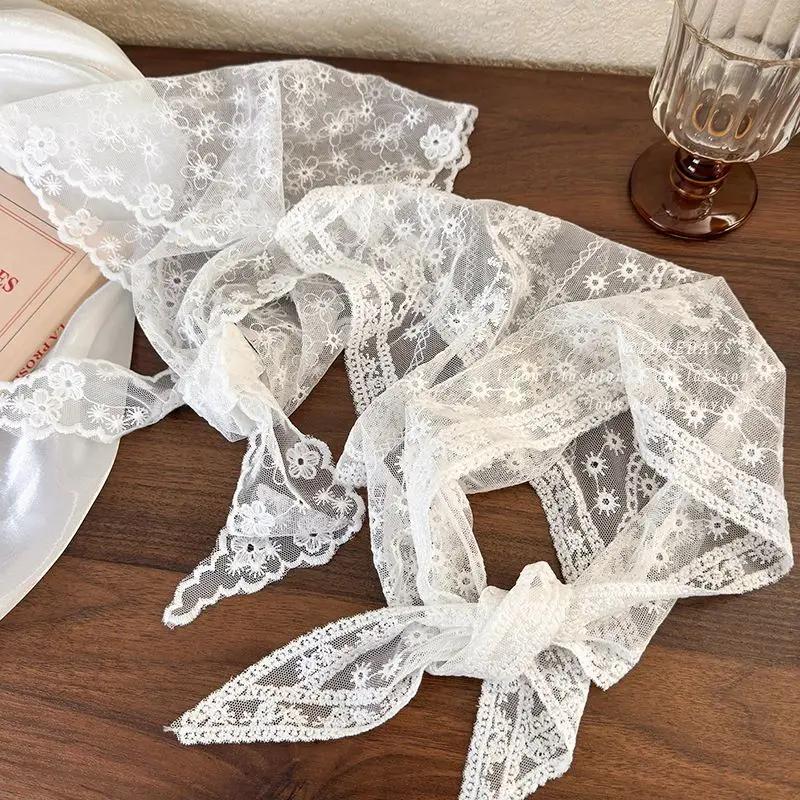 Summer White Woven Floral Lace Hair Scarf Wraps Women Retro Triangle Headscarf Hat Travel Photo Headband Hair Accessories