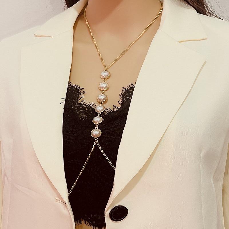 European And American Sexy Metal Imitation Pearl Chain Body Chain
