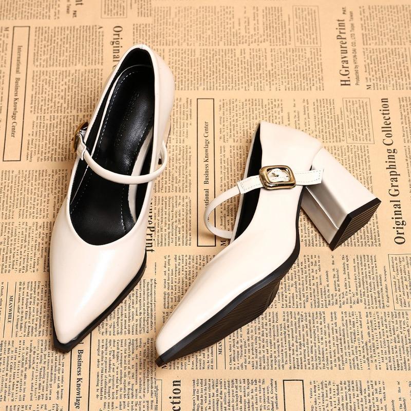 2026 Designer Spring Pointed Toe Women Mary Jane Shoes Fashion Shallow Belt Buckle Shoes Elegant Thick Heel Leather Shoes
