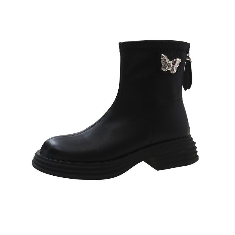 

2024 зимние новые модные ботинки в британском стиле для маленьких мужчин, тонкие универсальные короткие ботинки с круглым носком, на толстой подошве, женские ботинки Martin 35 чёрный