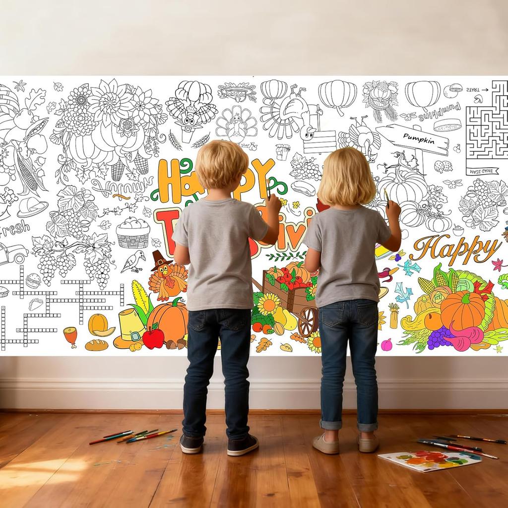 Thanksgiving Coloring Poster/Tablecloth,Giant Paper Thanksgiving Coloring Banner Games and Family Activities, for Thanks Giving Decorations,