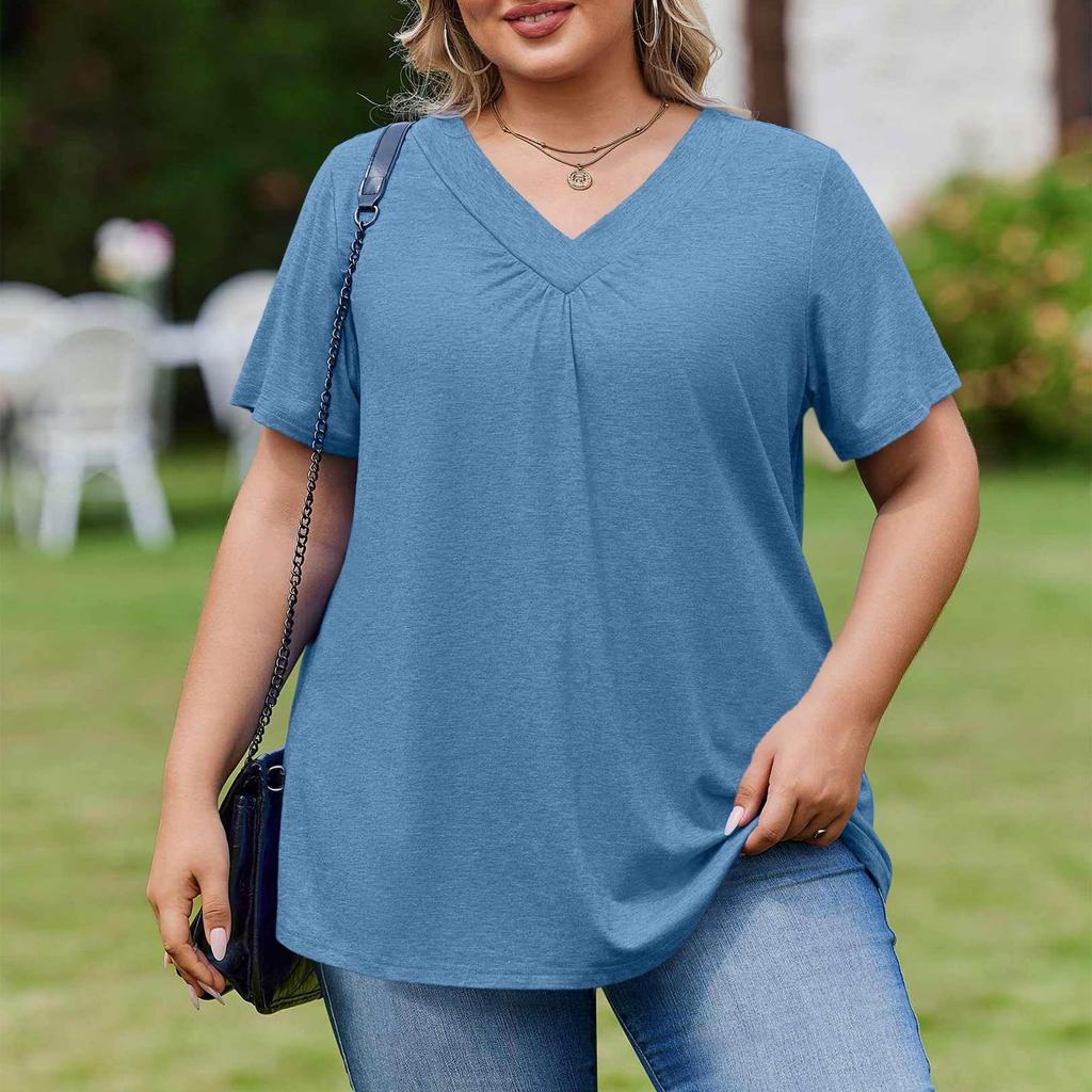 Damska Modna Codzienna Luźna Bluzka Plus Size z Krótkim Rękawem Elegancka z Dekoltem V Do Pracy