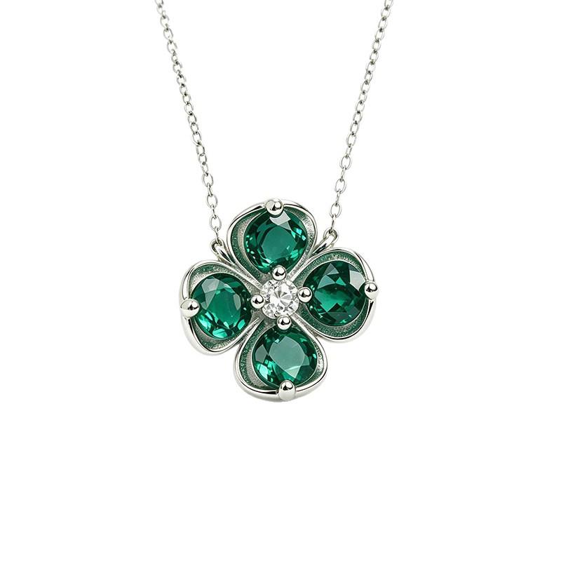 Women's Silver Emerald Four-Leaf Clover Necklace - Elegant Everyday Accessory for Birthday or Qixi Gifts