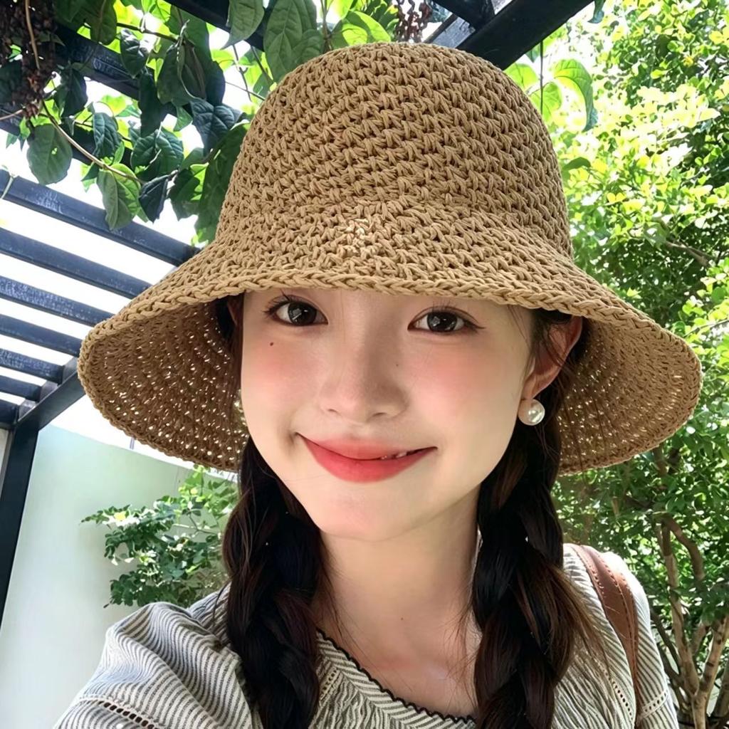 Summer new seaside photo big brim fisherman hat colorful dopamine foldable woven sunshade straw hat women