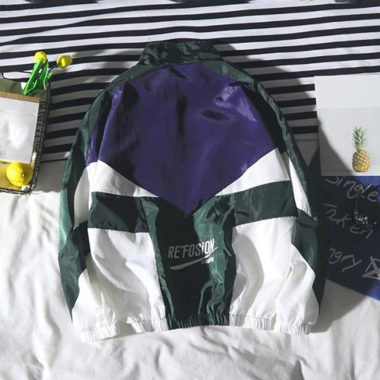 Men Jacket Color Block Hip Hop Zipper Autumn Letters Turndown Collar Coat Windbreaker Streetwear