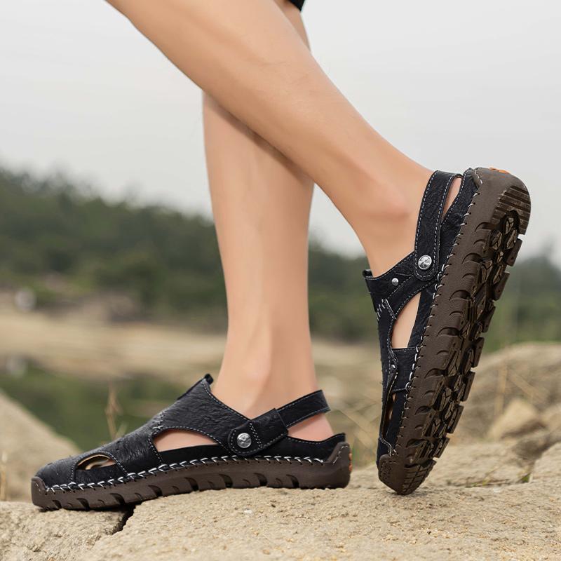 Summer Soft Sole Slippers Cowhide Sandals Comfortable Shoes Baotou Sandals Hollow Out Leather Non-Slip Outdoor Breathable Shoes