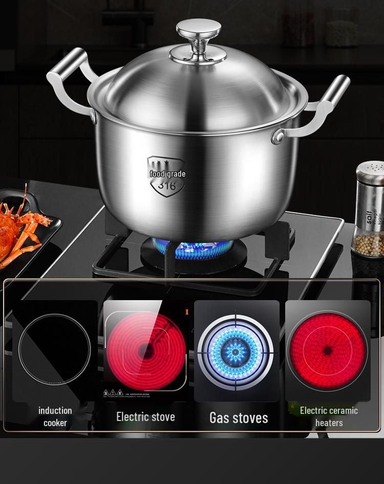 Extra Tall 316 Stainless Steel Stockpot with Anti-Overflow Lid, Large Capacity, No Coating, Perfect for Porridge, Steaming, and Stews.