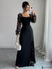 Dames Elegante Vierkante Hals Pofmouwen Mesh Inzet Jacquard Maxi Jurk 3D Slankmakend A-lijn Swing Lange Jurk