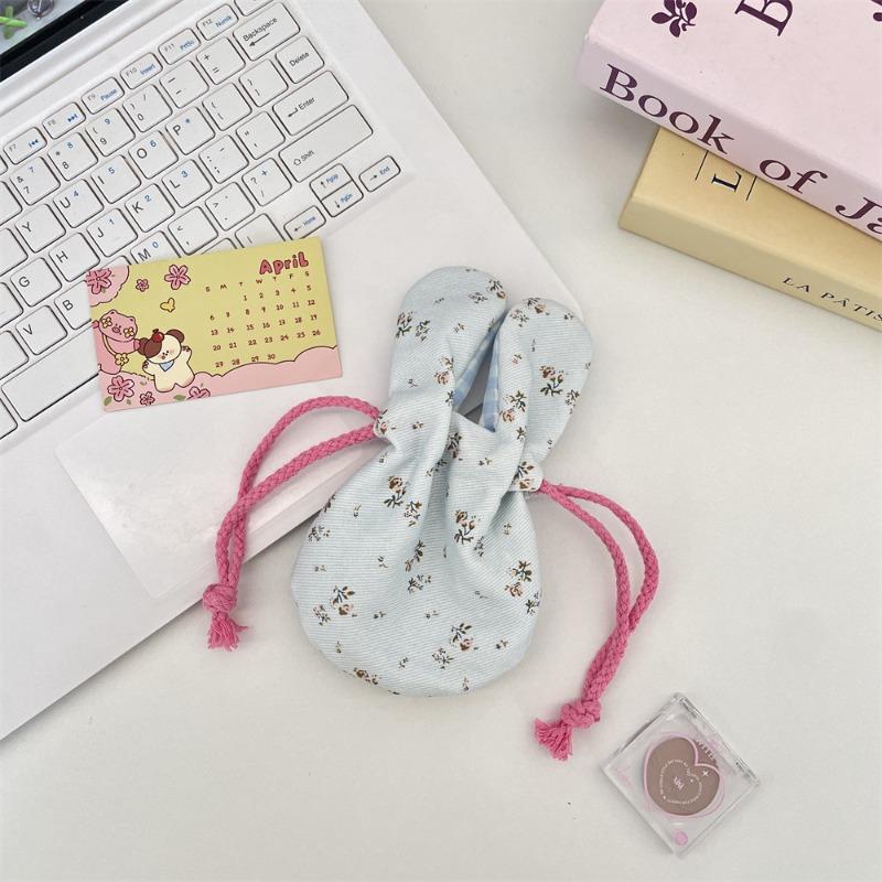 59302 Cute Rabbit Ears Floral Bouquet Mouth Drawstring Storage Bag Outdoor Portable Cosmetics Lipstick Hand Bag