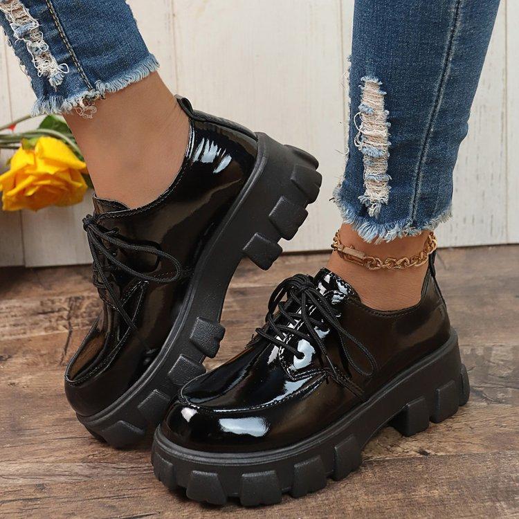 Comemore Thick Bottom British Style Leather Shoes Women 2025 Autumn New Loafers Round Head Lace Up Casual Black Platform Pumps